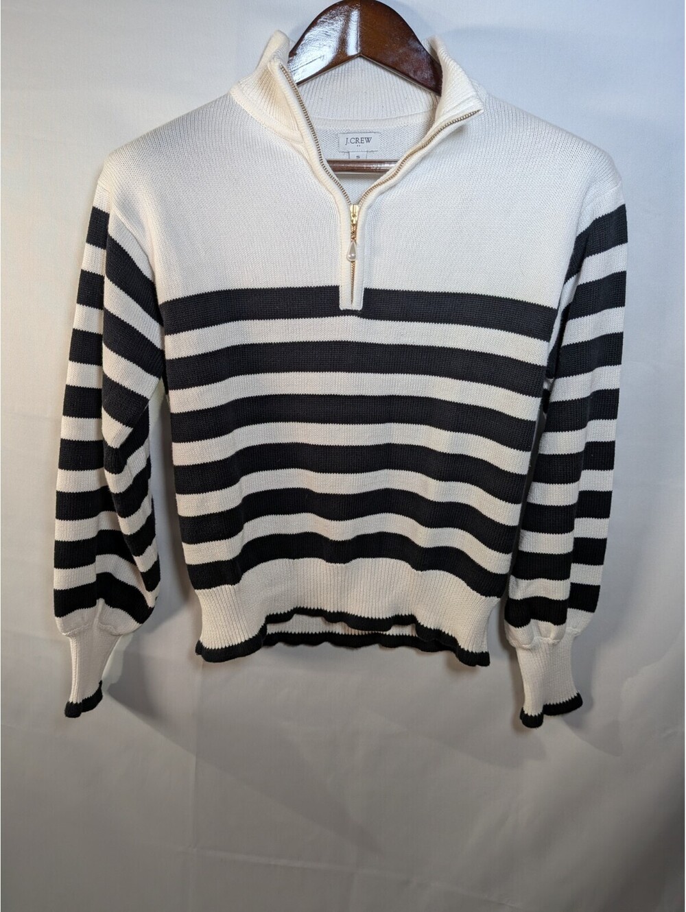 J Crew Striped 1/4 Zip Sweater Womens Small Black White Nautical